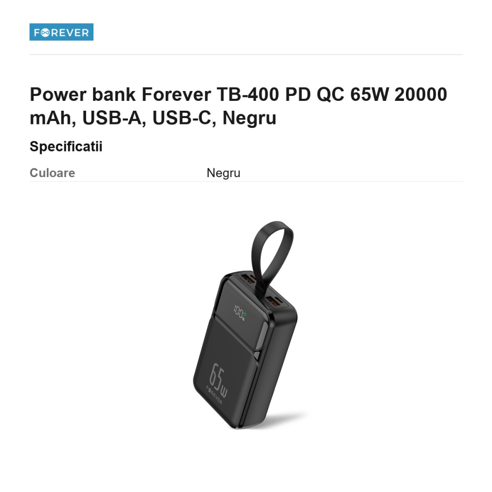 Power bank Forever TB-400 PD QC 65W 20000 mAh, USB-A, USB-C, Negru [3]