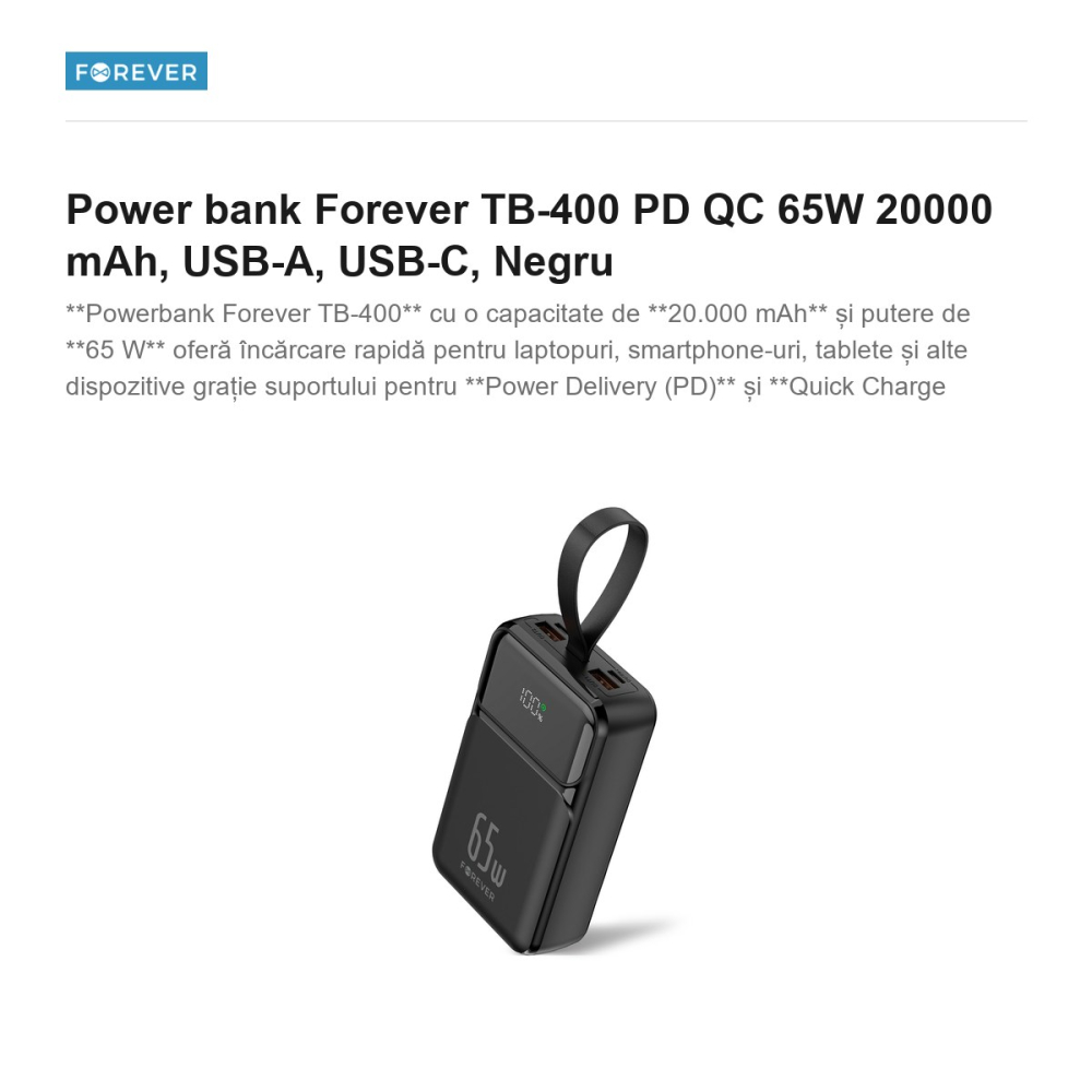 Power bank Forever TB-400 PD QC 65W 20000 mAh, USB-A, USB-C, Negru [2]