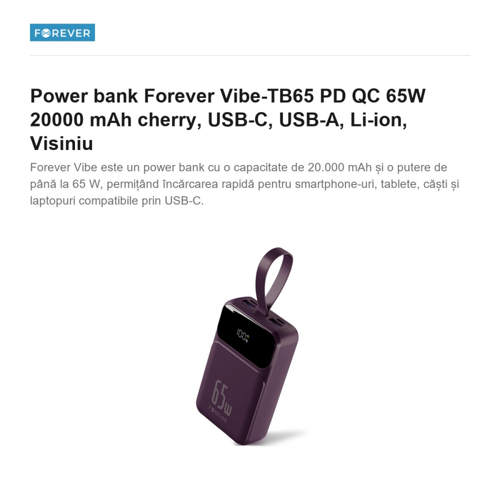 Power bank Forever Vibe-TB65 PD QC 65W 20000 mAh cherry, USB-C, USB-A, Li-ion, Visiniu [2]