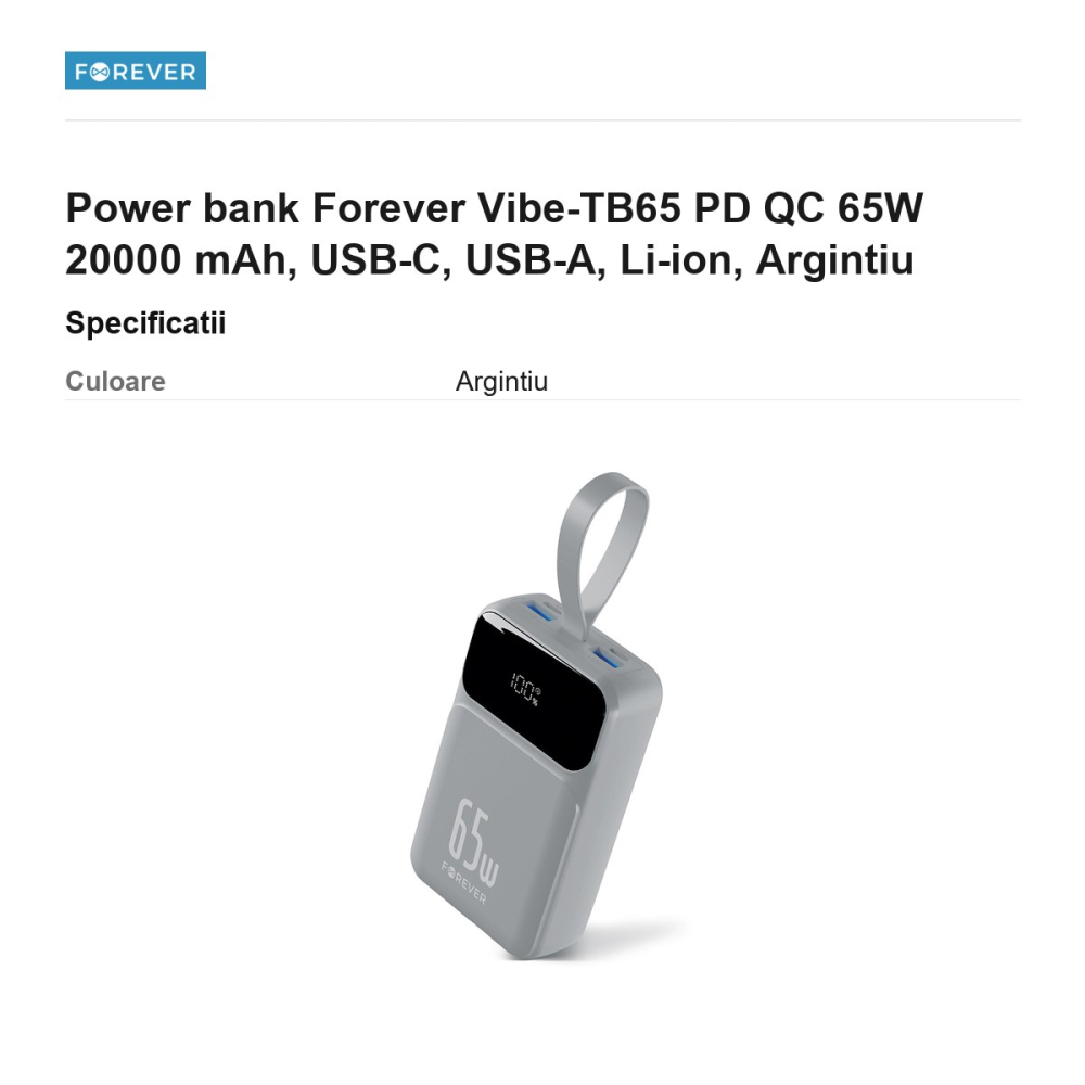 Power bank Forever Vibe-TB65 PD QC 65W 20000 mAh, USB-C, USB-A, Li-ion, Argintiu [3]