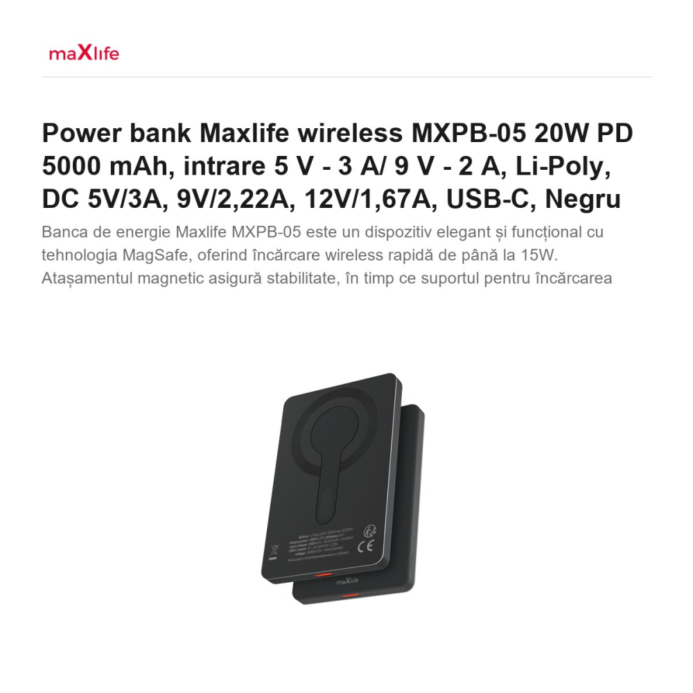 Power bank Maxlife wireless MXPB-05 20W PD 5000 mAh, intrare 5 V - 3 A/ 9 V - 2 A, Li-Poly, DC 5V/3A, 9V/2,22A, 12V/1,67A, USB-C, Negru [2]