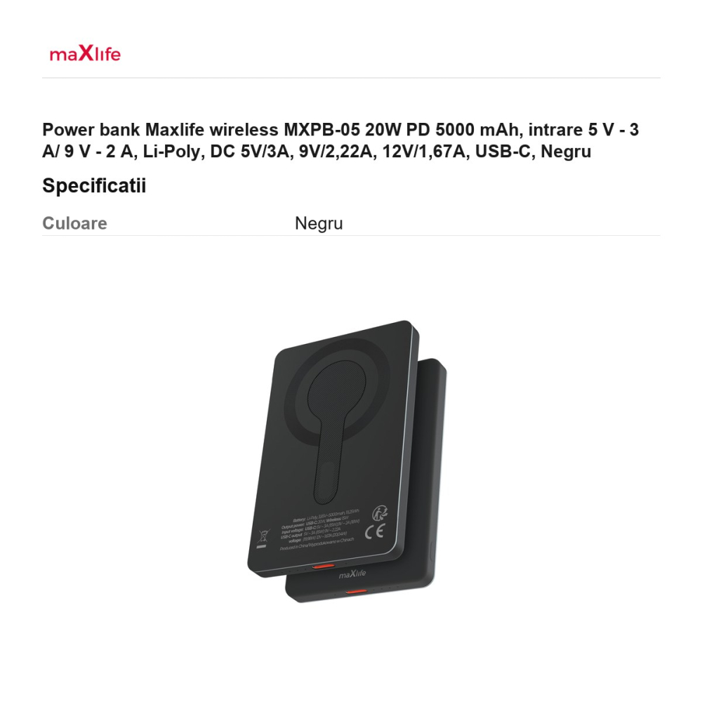 Power bank Maxlife wireless MXPB-05 20W PD 5000 mAh, intrare 5 V - 3 A/ 9 V - 2 A, Li-Poly, DC 5V/3A, 9V/2,22A, 12V/1,67A, USB-C, Negru [3]