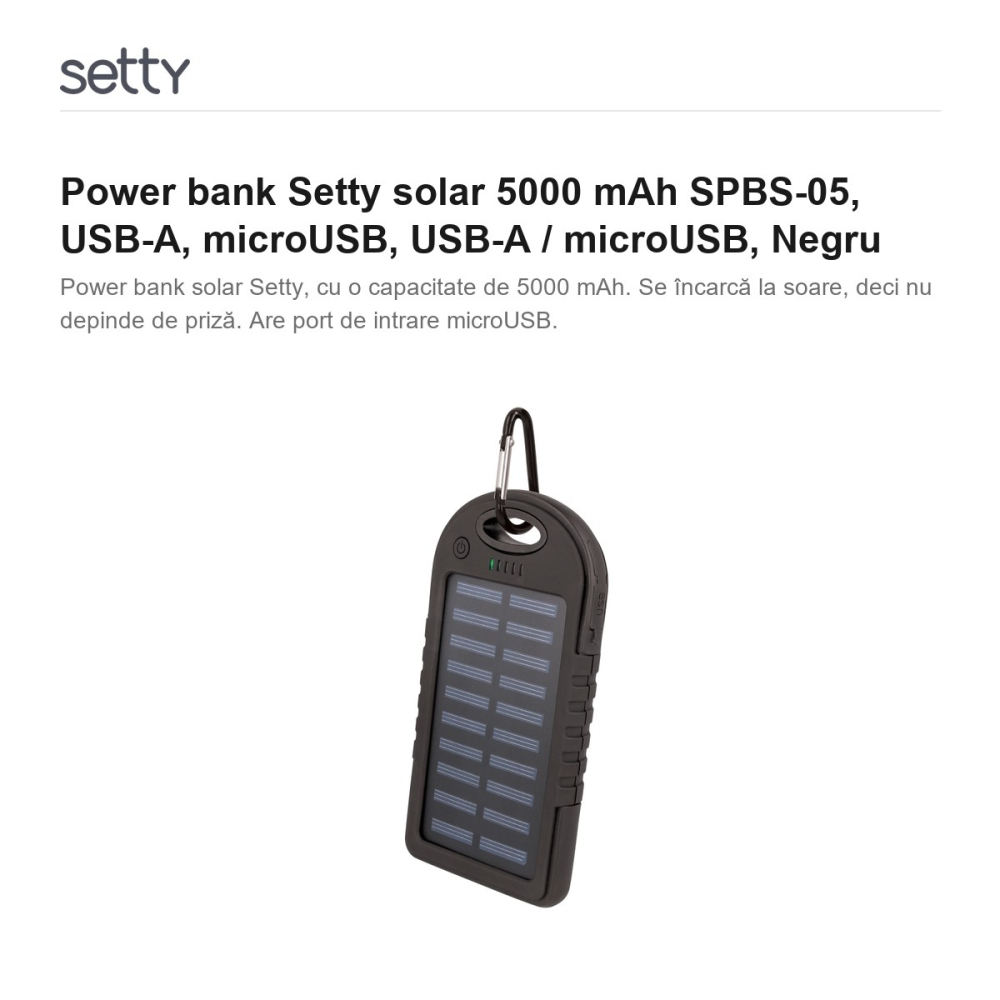 Power bank Setty solar 5000 mAh SPBS-05, USB-A, microUSB, USB-A / microUSB, Negru [2]
