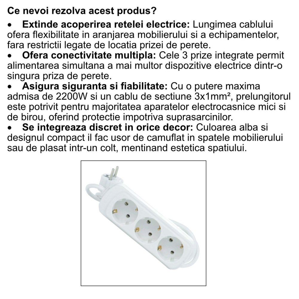 Prelungitor 3 Prize Cablu 2m 2200W Alb Versatilitate Ideala [3]