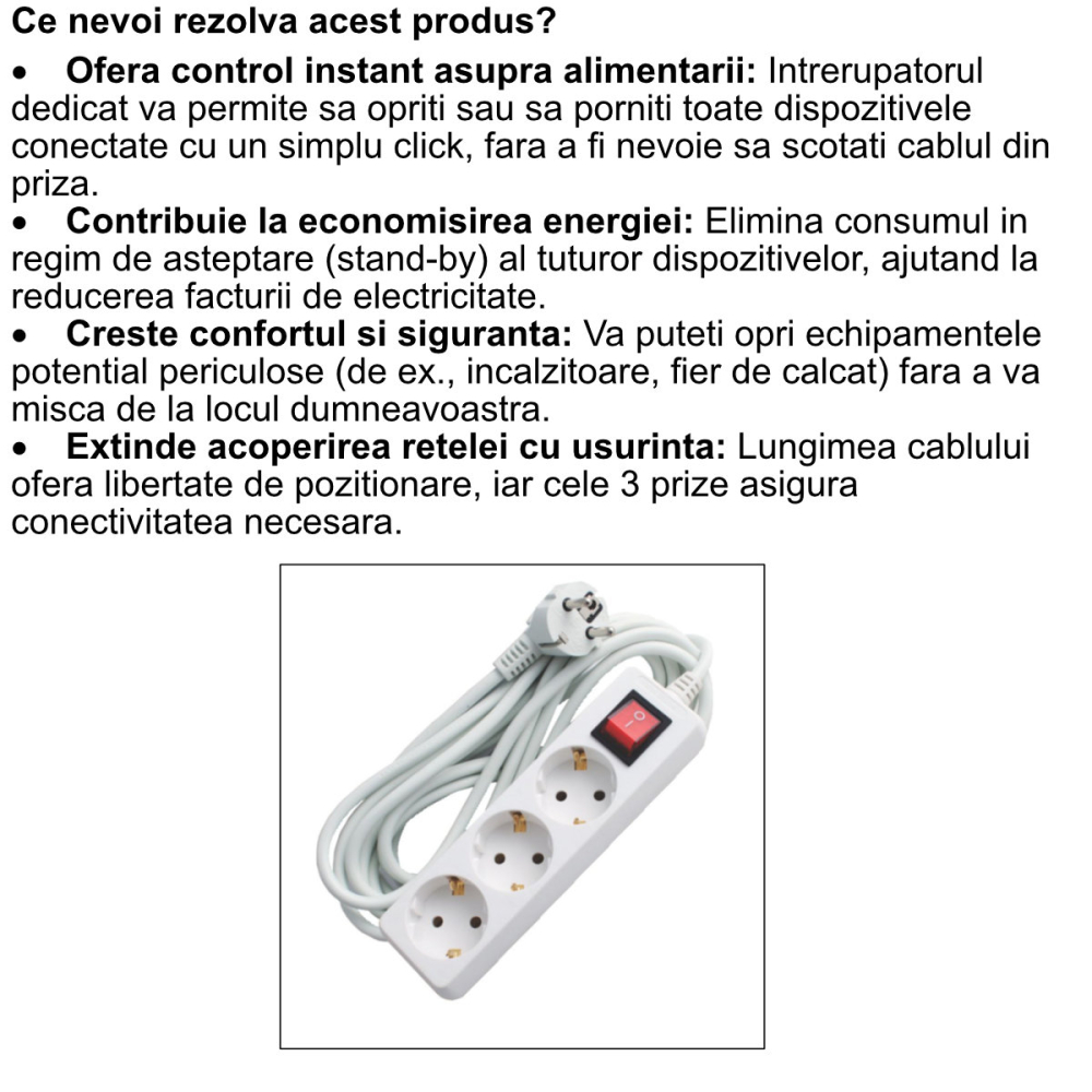 Prelungitor 3 Prize cu Intrerupator Cablu 5m 2200W Alb Control la Distanta [3]
