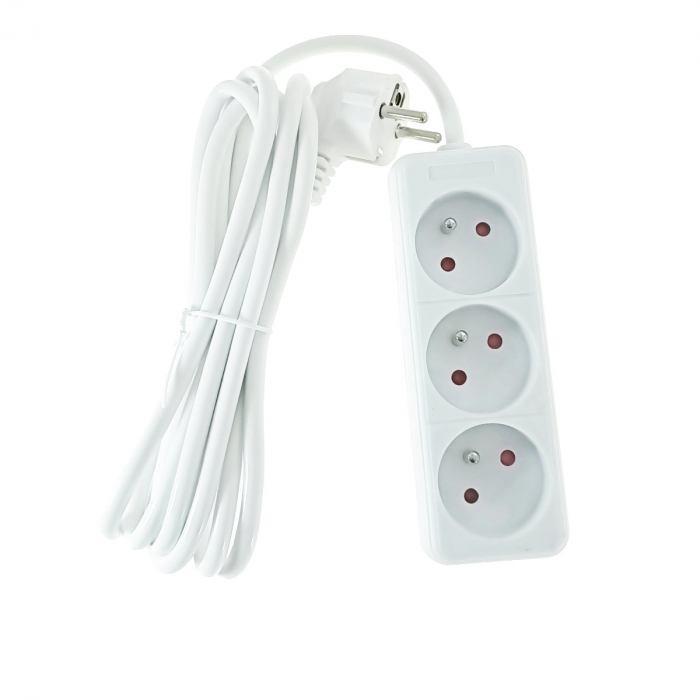 Prelungitor cu 3 prize pozitionate la 45 grade, Blow 08238, lungime cablu 2.8m, 220V-10A-2500W, standard francez, alb [2]