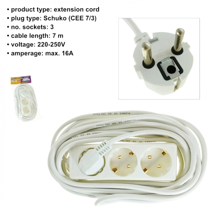 Prelungitor cu 3 prize schuko, 40298, lungime 7m, 16A-250V, alb [4]