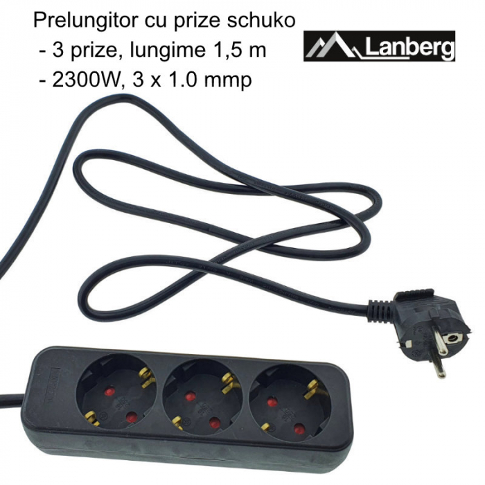 Prelungitor cu 3 prize schuko, Lanberg 42923, lungime 1.5 m, 2300W, contact de protectie, negru [6]