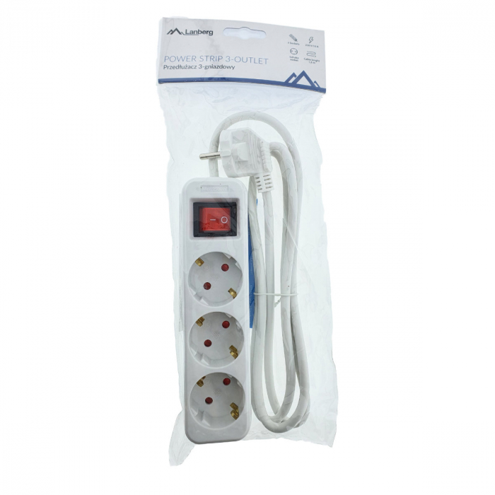Prelungitor cu 3 prize schuko, Lanberg 42926, cu intrerupator, lungime 1,5 m, 2300W, contact de protectie, alb [5]