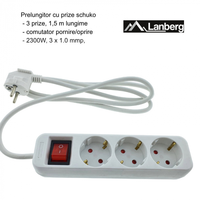 Prelungitor cu 3 prize schuko, Lanberg 42926, cu intrerupator, lungime 1,5 m, 2300W, contact de protectie, alb [6]