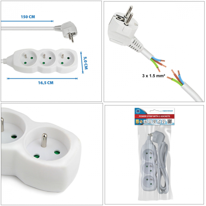 Prelungitor cu 3 prize si cablu cu lungime de 1.5m, 250V, 16A, sarcina maxima 3680W, cu impamantare si protectie copii, ES-96151, alb [6]