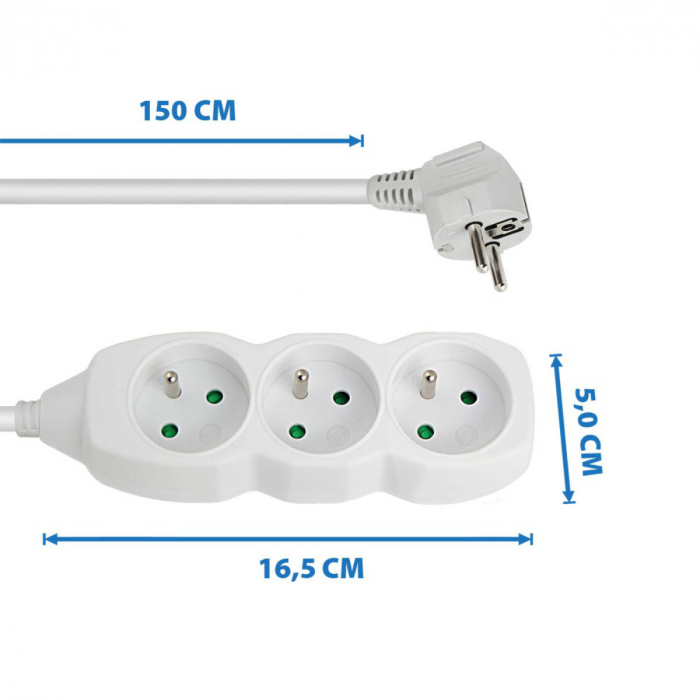 Prelungitor cu 3 prize si cablu cu lungime de 1.5m, 250V, 16A, sarcina maxima 3680W, cu impamantare si protectie copii, ES-96151, alb [2]