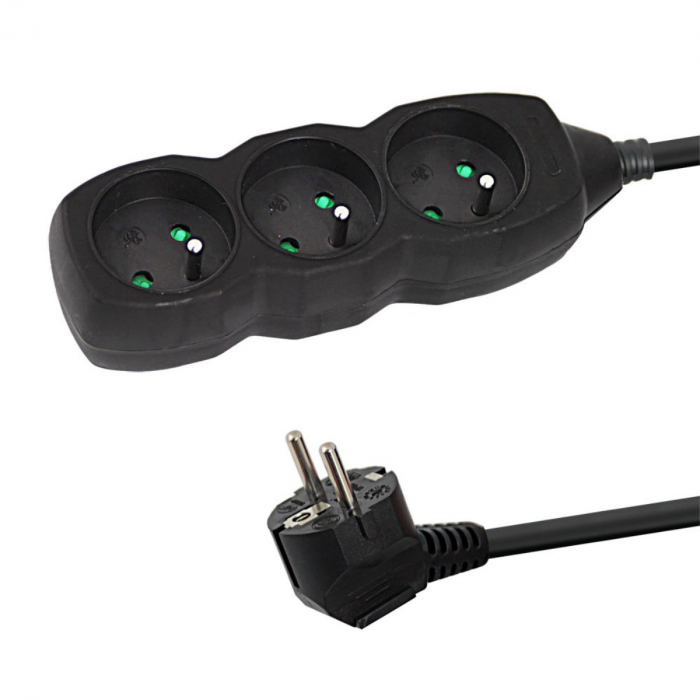 Prelungitor cu 3 prize si cablu cu lungime de 3m, 250V, 16A, sarcina maxima 3680W, cu impamantare si protectie copii, ES-96153, negru [1]
