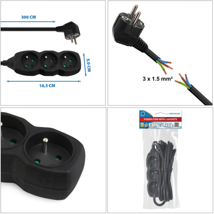 Prelungitor cu 3 prize si cablu cu lungime de 3m, 250V, 16A, sarcina maxima 3680W, cu impamantare si protectie copii, ES-96153, negru [6]