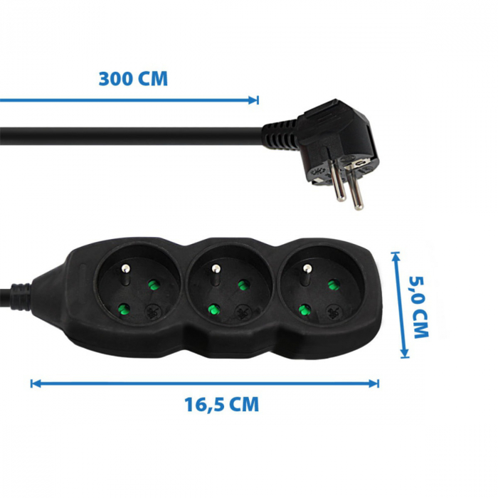 Prelungitor cu 3 prize si cablu cu lungime de 3m, 250V, 16A, sarcina maxima 3680W, cu impamantare si protectie copii, ES-96153, negru [2]