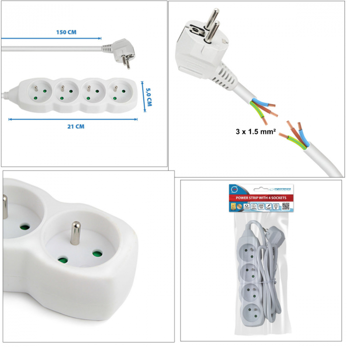 Prelungitor cu 4 prize si cablu cu lungime de 1.5m, 250V, 16A, sarcina maxima 3680W, cu impamantare si protectie copii, ES-96158, alb [6]