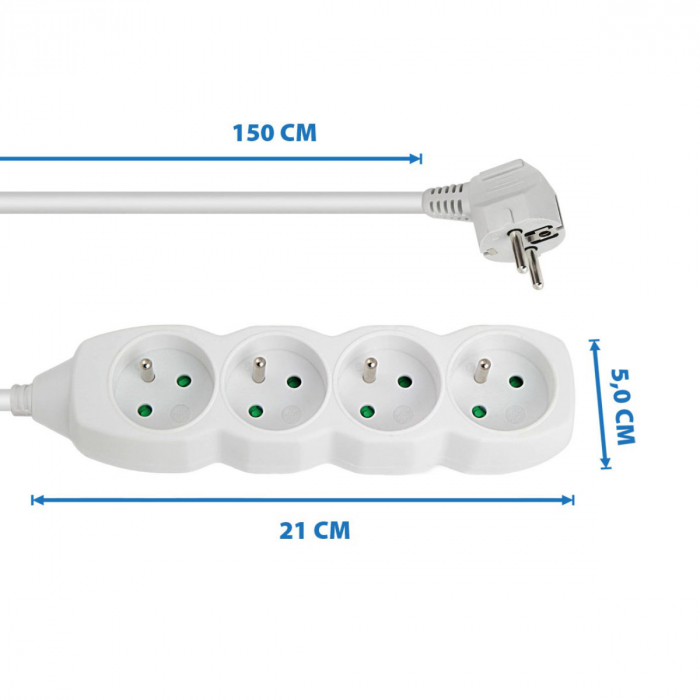 Prelungitor cu 4 prize si cablu cu lungime de 1.5m, 250V, 16A, sarcina maxima 3680W, cu impamantare si protectie copii, ES-96158, alb [2]