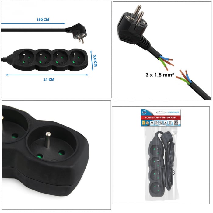 Prelungitor cu 4 prize si cablu cu lungime de 1.5m, 250V, 16A, sarcina maxima 3680W, cu impamantare si protectie copii, ES-96159, negru [6]