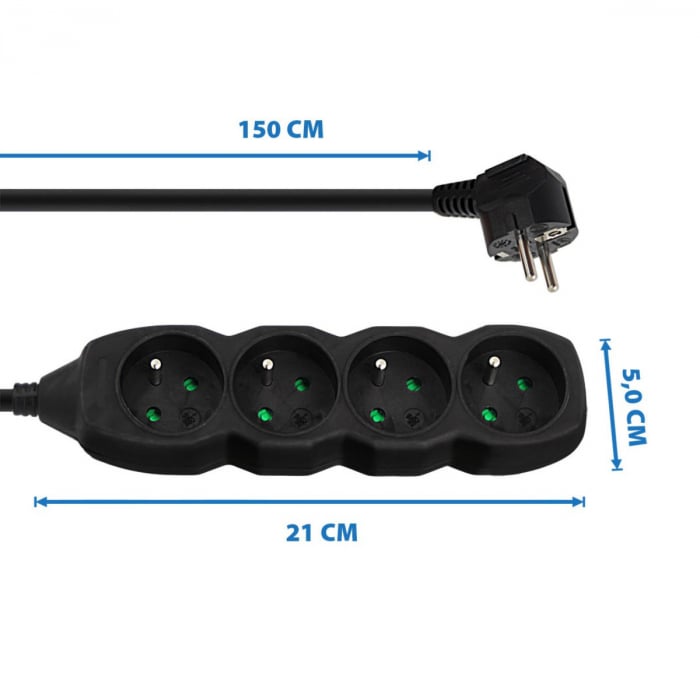 Prelungitor cu 4 prize si cablu cu lungime de 1.5m, 250V, 16A, sarcina maxima 3680W, cu impamantare si protectie copii, ES-96159, negru [2]