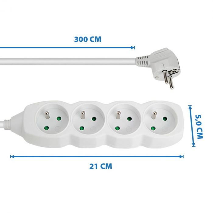 Prelungitor cu 4 prize si cablu cu lungime de 3m, 250V, 16A, sarcina maxima 3680W, cu impamantare si protectie copii, ES-96160, alb [2]