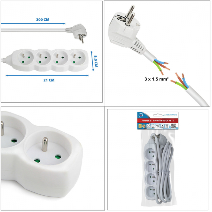 Prelungitor cu 4 prize si cablu cu lungime de 3m, 250V, 16A, sarcina maxima 3680W, cu impamantare si protectie copii, ES-96160, alb [6]
