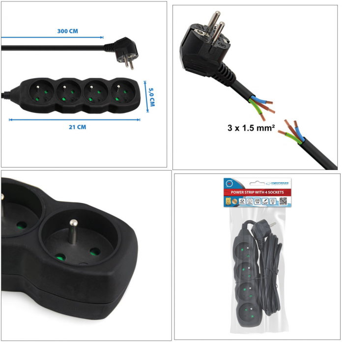 Prelungitor cu 4 prize si cablu cu lungime de 3m, 250V, 16A, sarcina maxima 3680W, cu impamantare si protectie copii, ES-96161, negru [6]