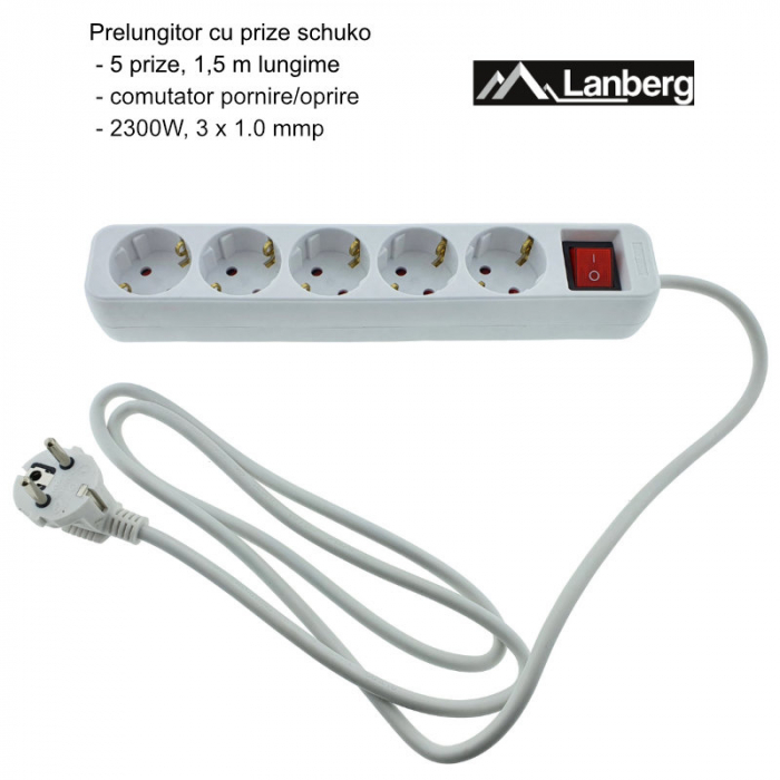 Prelungitor cu 5 prize schuko, Lanberg 42916, cu intrerupator, lungime 1,5 m, 2300W, contact de protectie, alb [6]