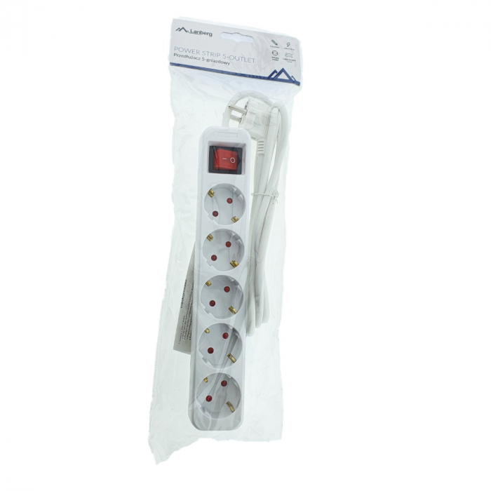 Prelungitor cu 5 prize schuko, Lanberg 42916, cu intrerupator, lungime 1,5 m, 2300W, contact de protectie, alb [5]