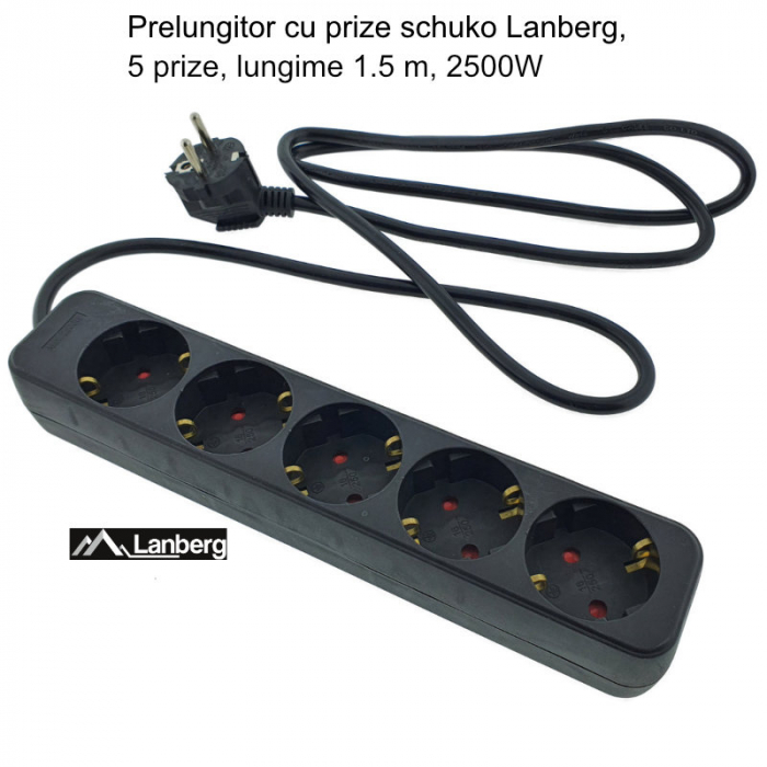 Prelungitor cu 5 prize schuko, Lanberg 42919, lungime 1,5 m, 2500W, 3 x 1.0 mmp, contact de protectie, negru [6]