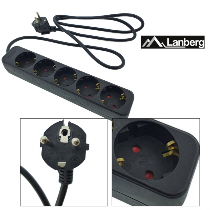 Prelungitor cu 5 prize schuko, Lanberg 42919, lungime 1,5 m, 2500W, 3 x 1.0 mmp, contact de protectie, negru [4]