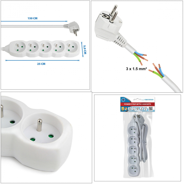 Prelungitor cu 5 prize si cablu cu lungime de 1.5m, 250V, 16A, sarcina maxima 3680W, cu impamantare si protectie copii, ES-96166, alb [6]