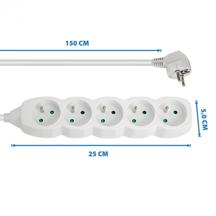 Prelungitor cu 5 prize si cablu cu lungime de 1.5m, 250V, 16A, sarcina maxima 3680W, cu impamantare si protectie copii, ES-96166, alb [2]