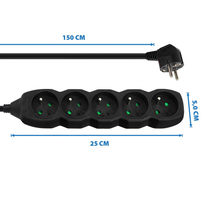 Prelungitor cu 5 prize si cablu cu lungime de 1.5m, 250V, 16A, sarcina maxima 3680W, cu impamantare si protectie copii, ES-996167, negru [2]