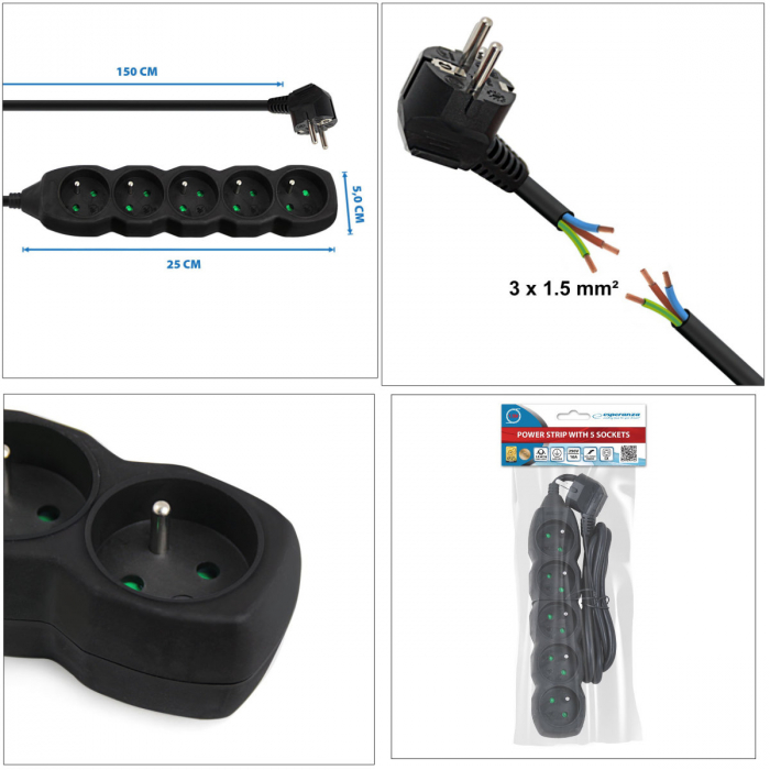 Prelungitor cu 5 prize si cablu cu lungime de 1.5m, 250V, 16A, sarcina maxima 3680W, cu impamantare si protectie copii, ES-996167, negru [6]