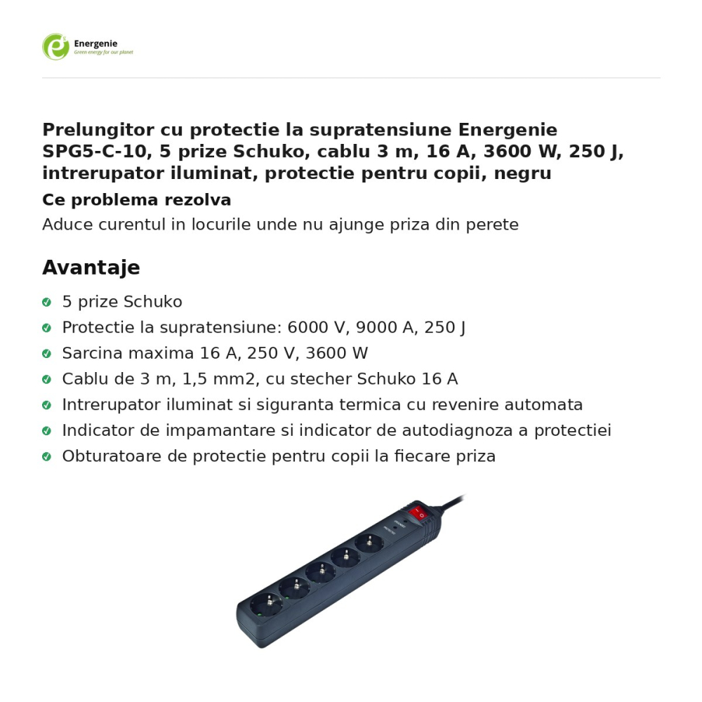 Prelungitor cu protectie la supratensiune Energenie SPG5-C-10, 5 prize Schuko, cablu 3 m, 16 A, 3600 W, 250 J, intrerupator iluminat, protectie pentru copii, negru [2]