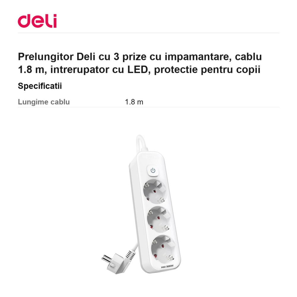 Prelungitor Deli cu 3 prize cu impamantare, cablu 1.8 m, intrerupator cu LED, protectie pentru copii [3]