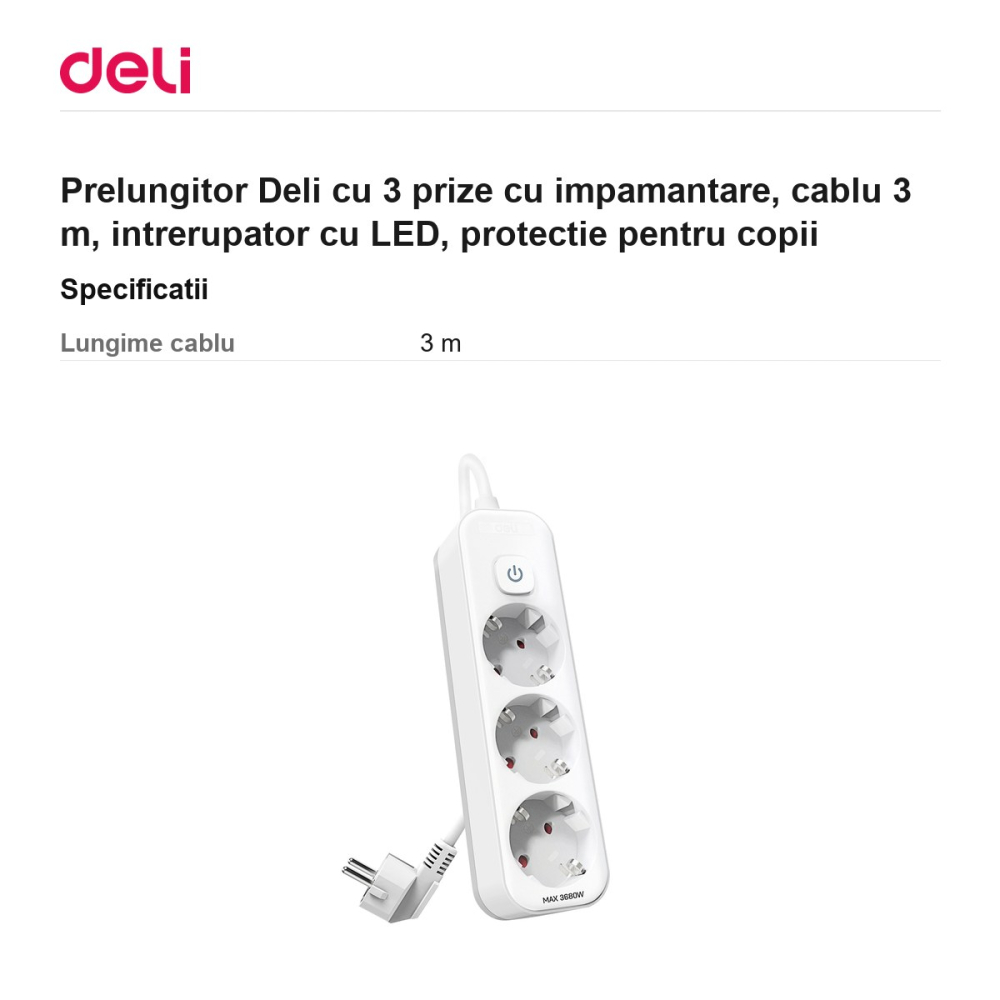 Prelungitor Deli cu 3 prize cu impamantare, cablu 3 m, intrerupator cu LED, protectie pentru copii [3]