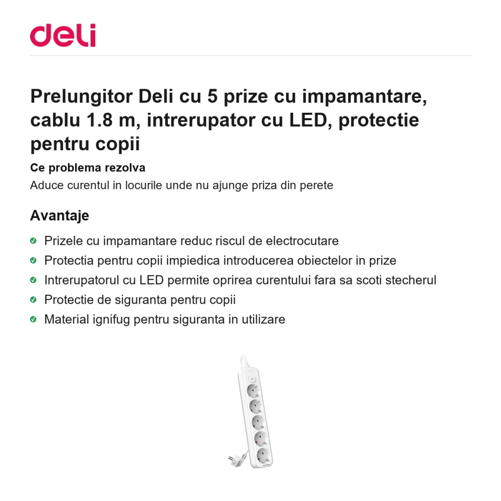Prelungitor Deli cu 5 prize cu impamantare, cablu 1.8 m, intrerupator cu LED, protectie pentru copii [2]