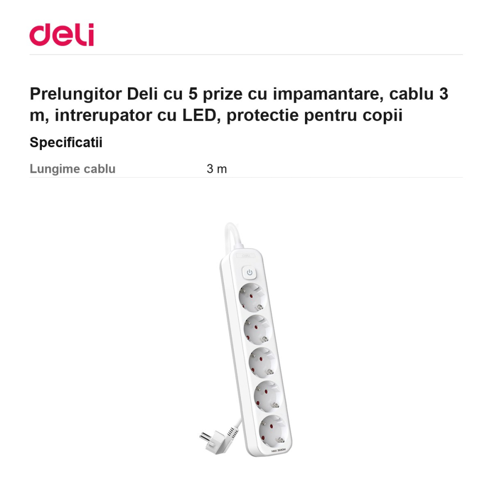 Prelungitor Deli cu 5 prize cu impamantare, cablu 3 m, intrerupator cu LED, protectie pentru copii [3]