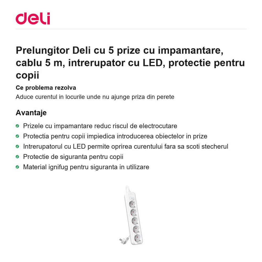 Prelungitor Deli cu 5 prize cu impamantare, cablu 5 m, intrerupator cu LED, protectie pentru copii [2]