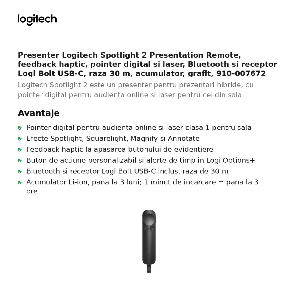 Presenter Logitech Spotlight 2 Presentation Remote, feedback haptic, pointer digital si laser, Bluetooth si receptor Logi Bolt USB-C, raza 30 m, acumulator, grafit, 910-007672 [2]