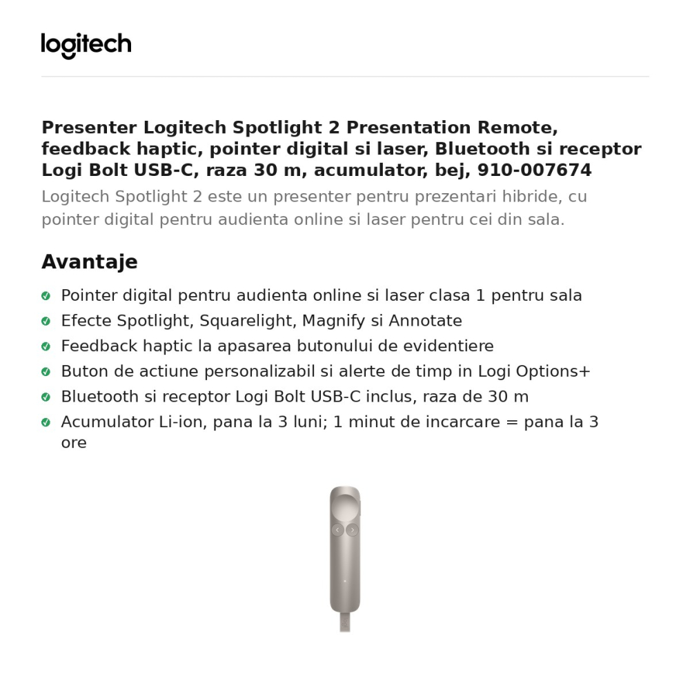 Presenter Logitech Spotlight 2 Presentation Remote, feedback haptic, pointer digital si laser, Bluetooth si receptor Logi Bolt USB-C, raza 30 m, acumulator, bej, 910-007674 [2]