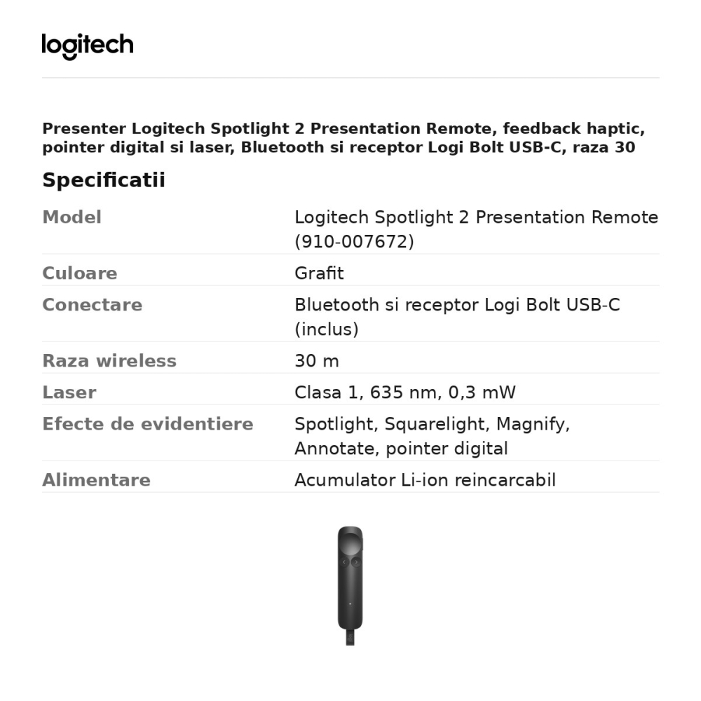 Presenter Logitech Spotlight 2 Presentation Remote, feedback haptic, pointer digital si laser, Bluetooth si receptor Logi Bolt USB-C, raza 30 m, acumulator, grafit, 910-007672 [3]