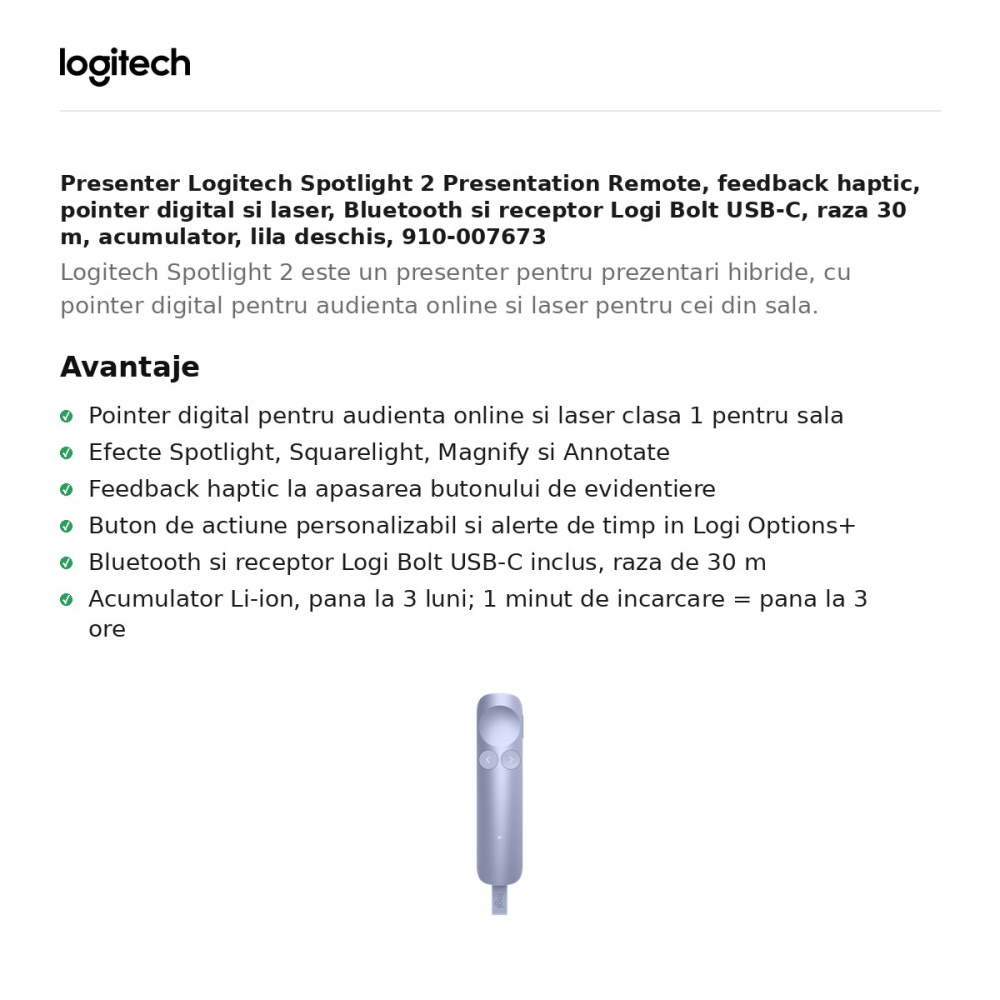 Presenter Logitech Spotlight 2 Presentation Remote, feedback haptic, pointer digital si laser, Bluetooth si receptor Logi Bolt USB-C, raza 30 m, acumulator, lila deschis, 910-007673 [2]