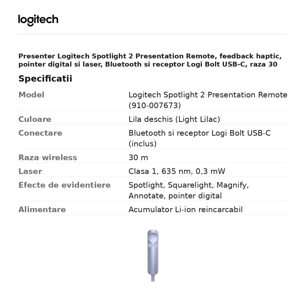 Presenter Logitech Spotlight 2 Presentation Remote, feedback haptic, pointer digital si laser, Bluetooth si receptor Logi Bolt USB-C, raza 30 m, acumulator, lila deschis, 910-007673 [3]