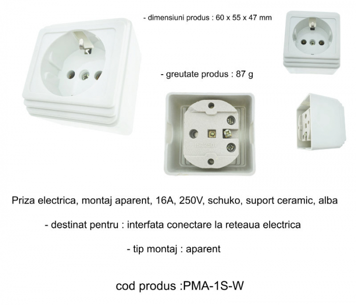Priza electrica, montaj aparent, 16A, 250V, schuko, suport ceramic, alba [6]