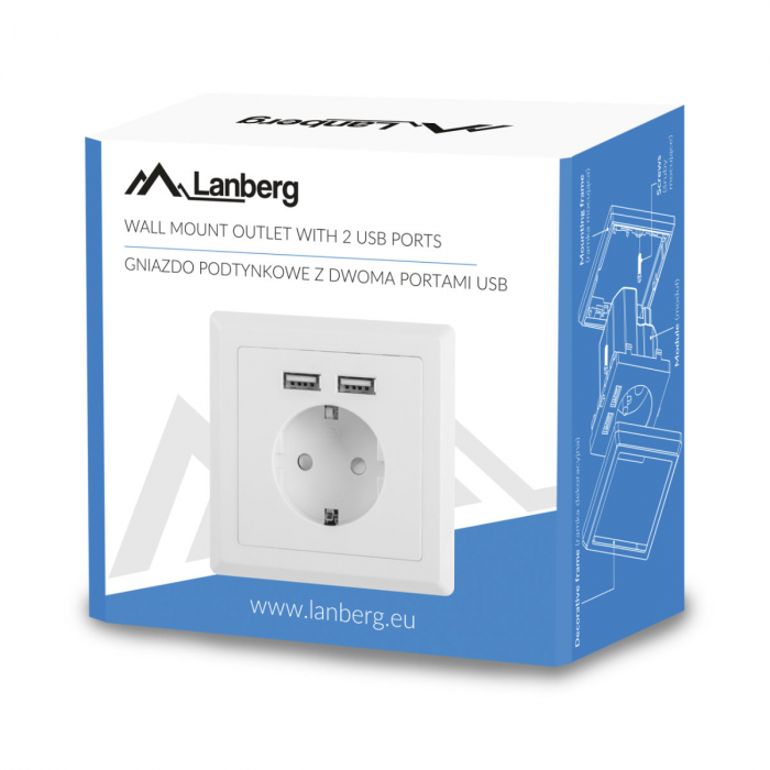 Priza schuko de perete 100V - 240V 16A, Lanberg 41442, cu 2 porturi USB 5V 2.1A, 86 x 86 x 45 mm, cu impamantare, alba [6]