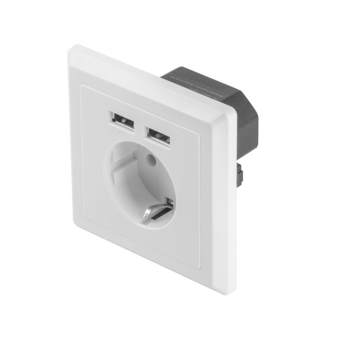 Priza schuko de perete 100V - 240V 16A, Lanberg 41442, cu 2 porturi USB 5V 2.1A, 86 x 86 x 45 mm, cu impamantare, alba [2]