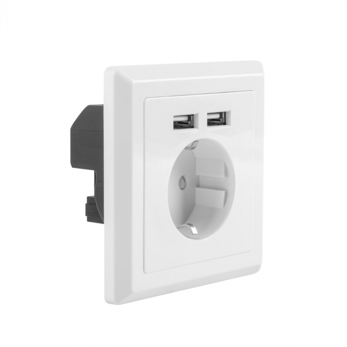 Priza schuko de perete 100V - 240V 16A, Lanberg 41442, cu 2 porturi USB 5V 2.1A, 86 x 86 x 45 mm, cu impamantare, alba [5]