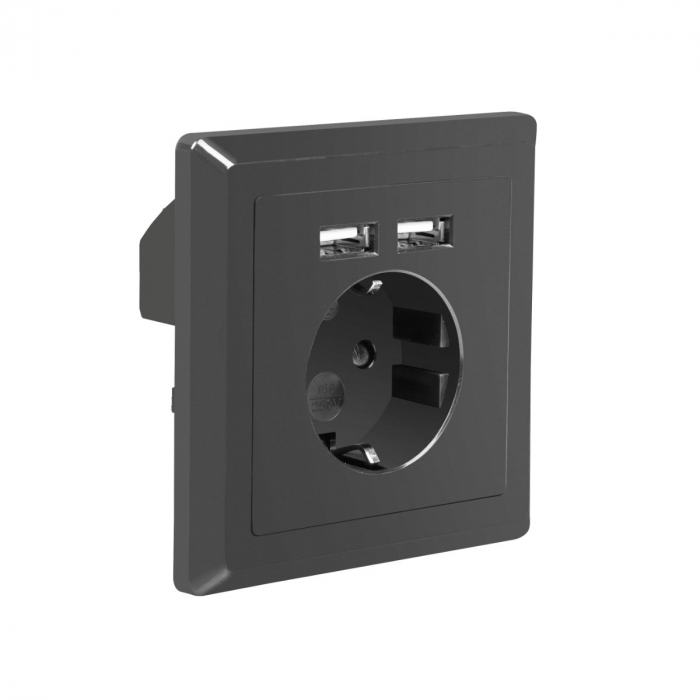 Priza schuko de perete 100V - 240V 16A, Lanberg 41442, cu 2 porturi USB 5V 2.1A, 86 x 86 x 45 mm, cu impamantare, neagra [2]